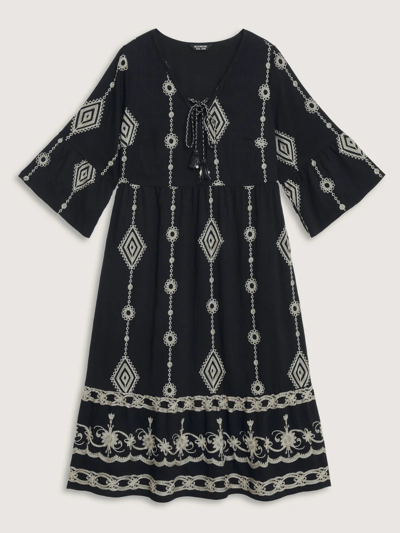 Gold Thread Embroidery Flared Sleeve Midi Dress