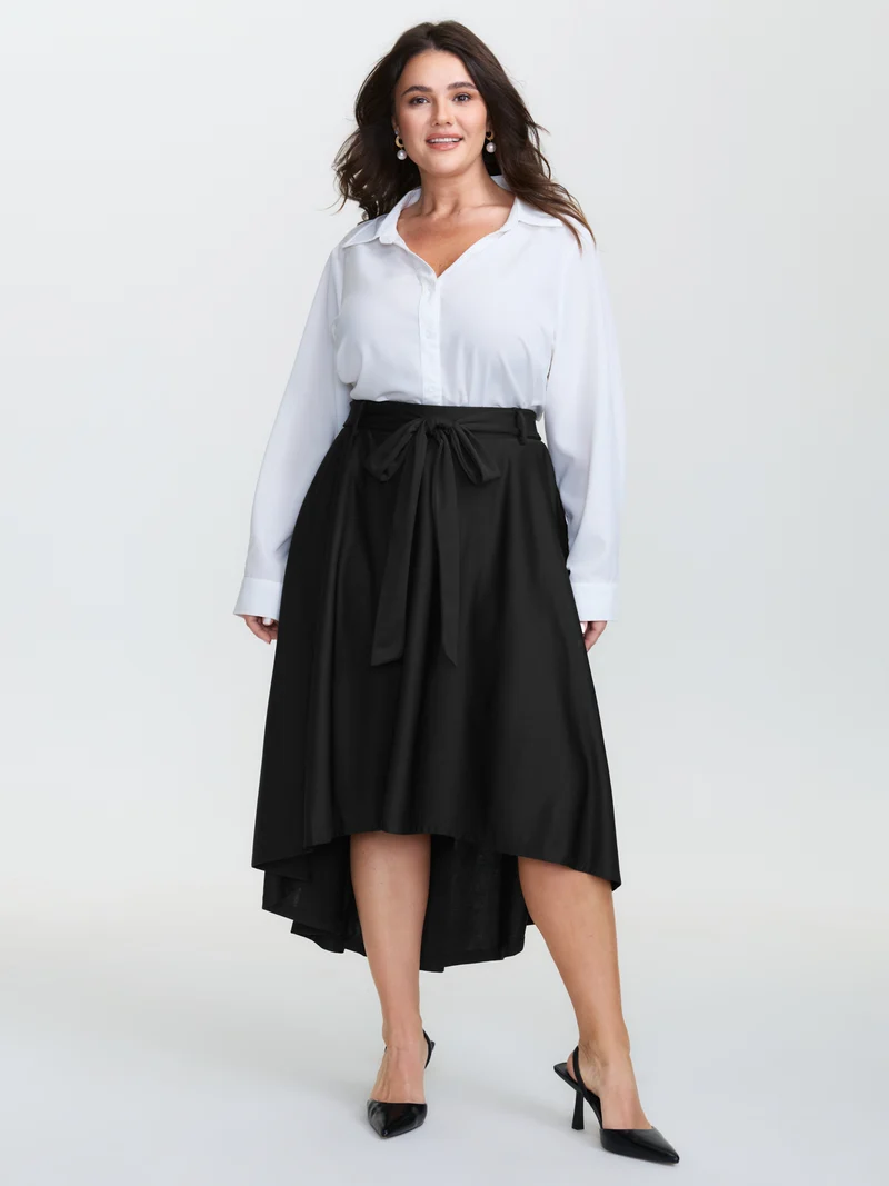 Belted Waist High-Low Hem Midi Skirt
