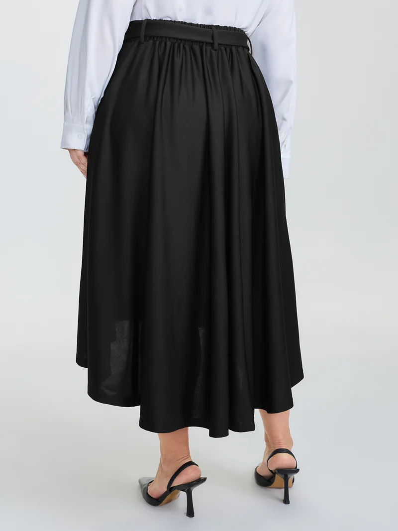 Belted Waist High-Low Hem Midi Skirt