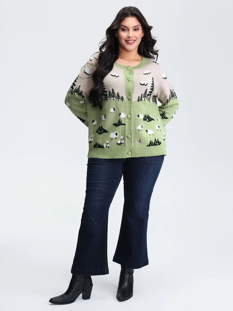 Meadow Pattern Jacquard Button Knit Cardigan