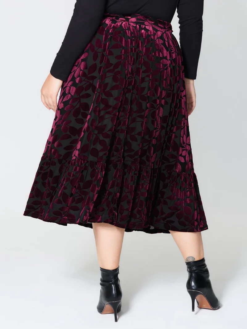 Laser-Cut Velvet Pleated Maxi Skirt