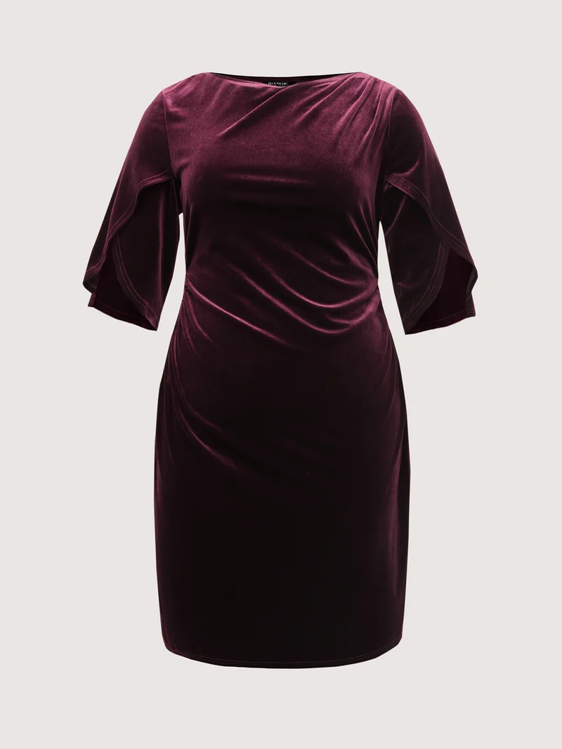 Petal Sleeve Pleated Waist-Defining Midi Dress