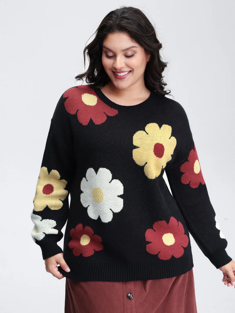 Flower Pattern Jacquard Crew Neck Pullover