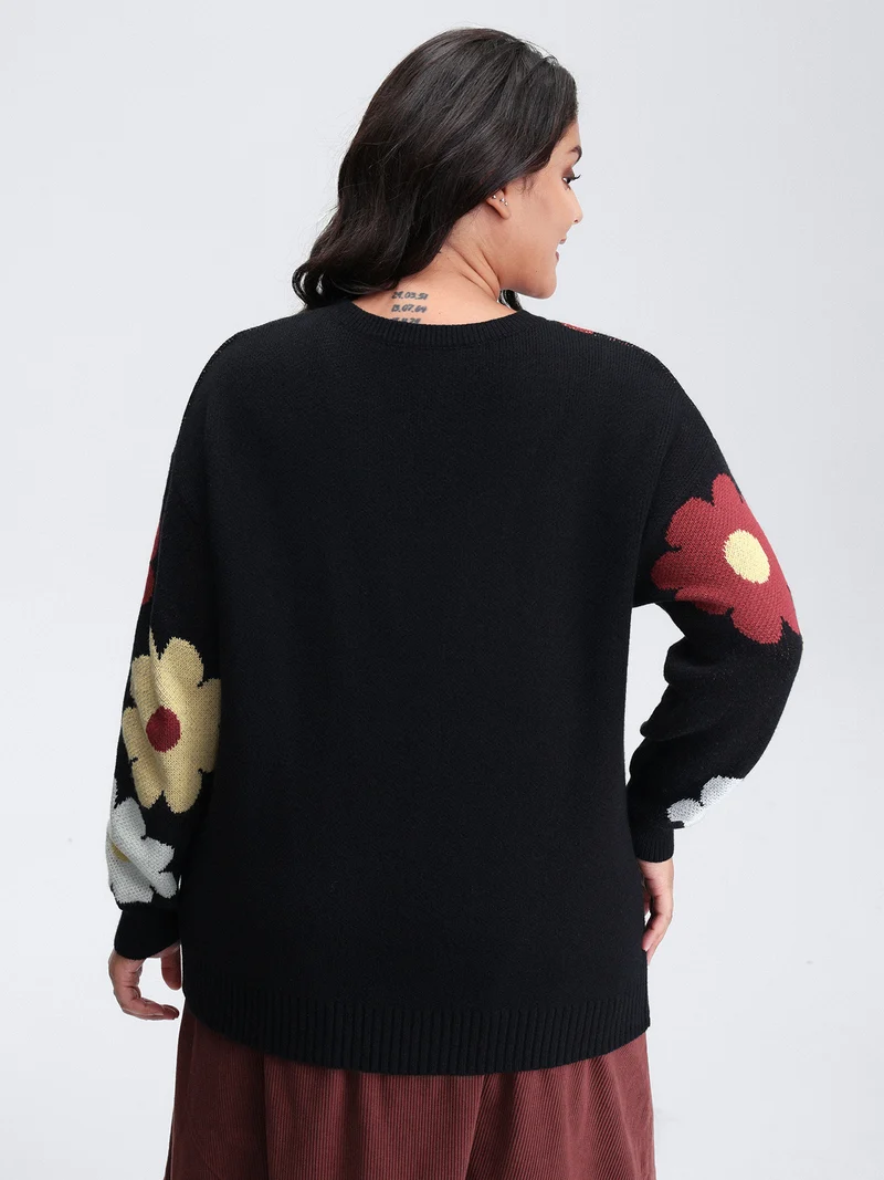 Flower Pattern Jacquard Crew Neck Pullover