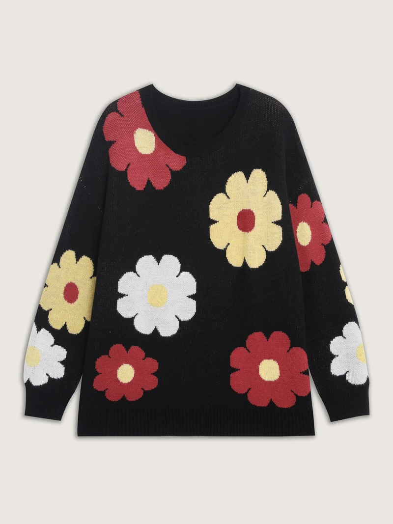 Flower Pattern Jacquard Crew Neck Pullover