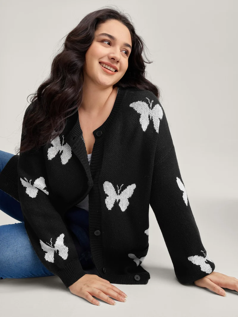 Butterfly Jacquard Pattern Knit Cardigan
