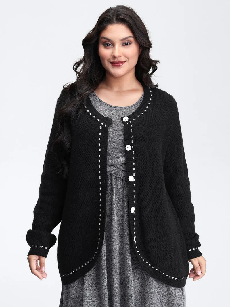 Arc Hem Textured Color Contrast Knit Cardigan
