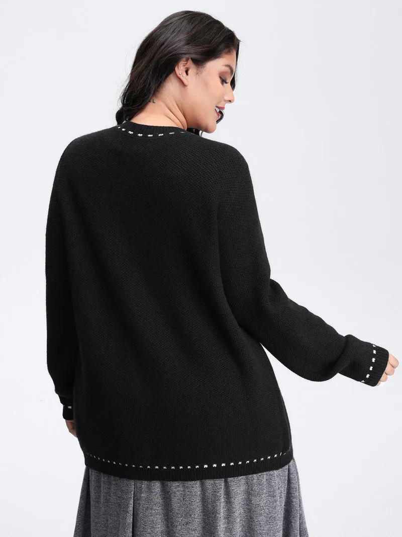 Arc Hem Textured Color Contrast Knit Cardigan