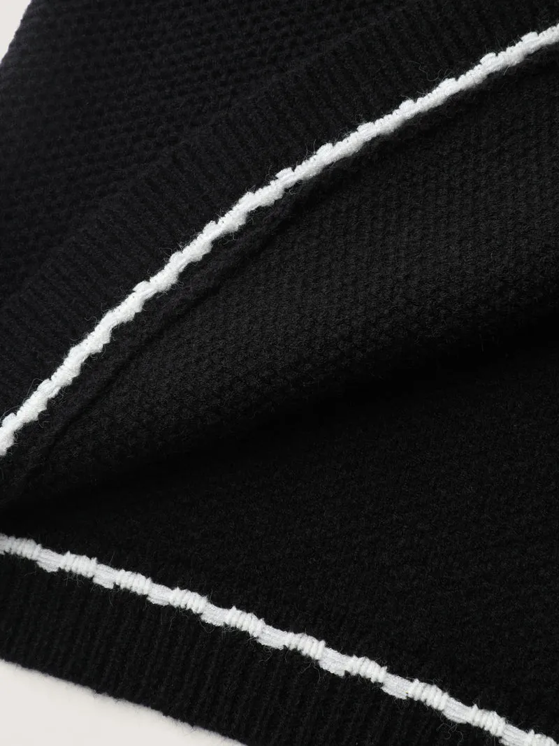 Arc Hem Textured Color Contrast Knit Cardigan