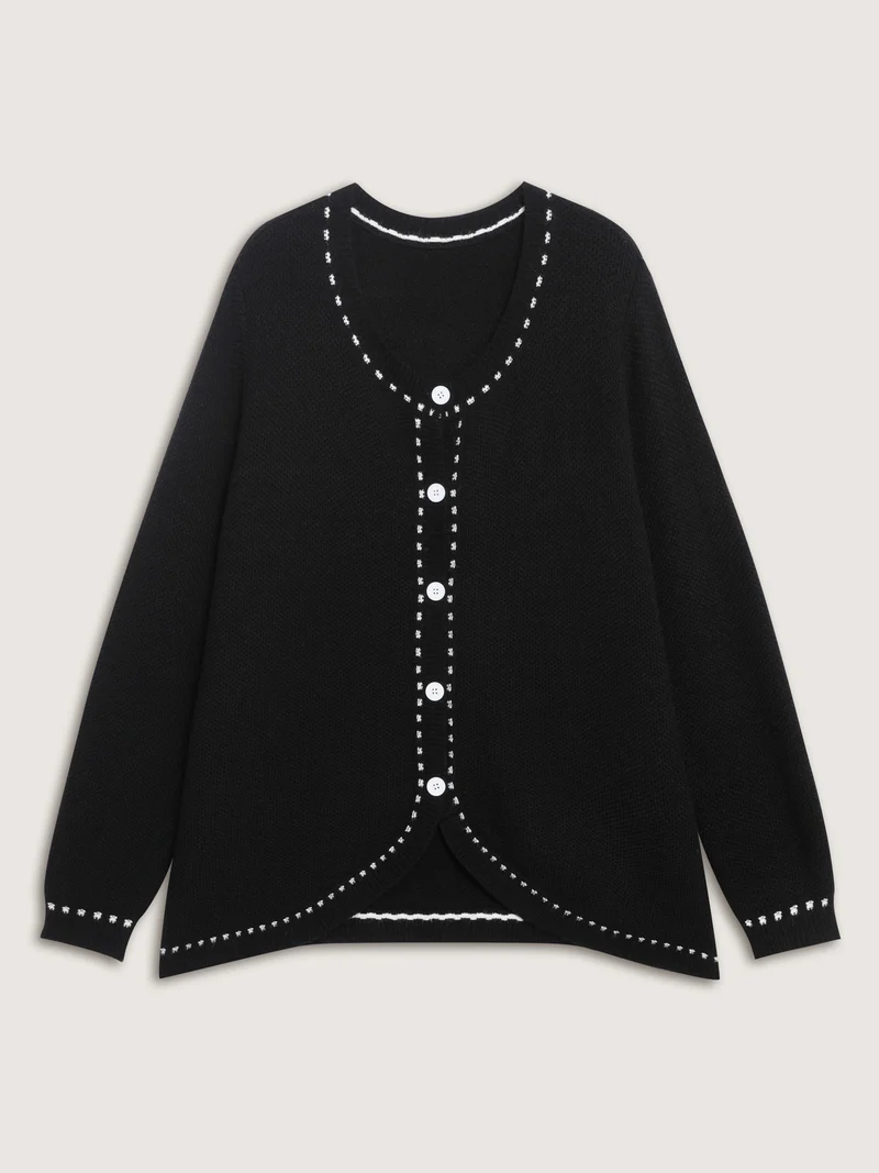 Arc Hem Textured Color Contrast Knit Cardigan