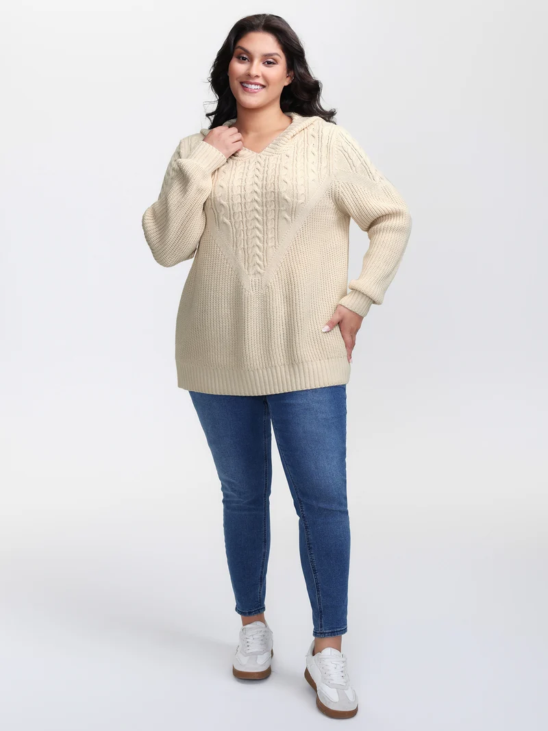 Textured Ribbed Hem Hooded Pullover