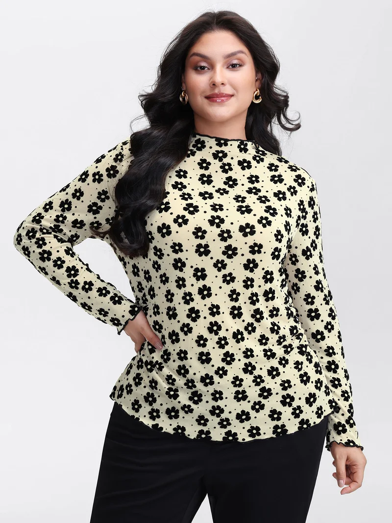 Floral Print Stretchy Mock Neck T-Shirt