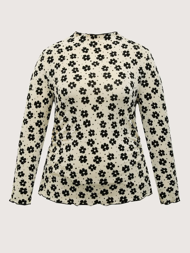 Floral Print Stretchy Mock Neck T-Shirt