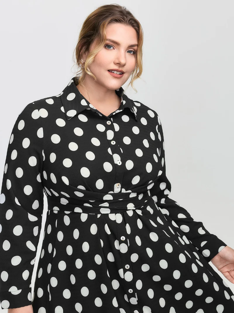Polka Dots Crossover Pleated Waist Midi Dress