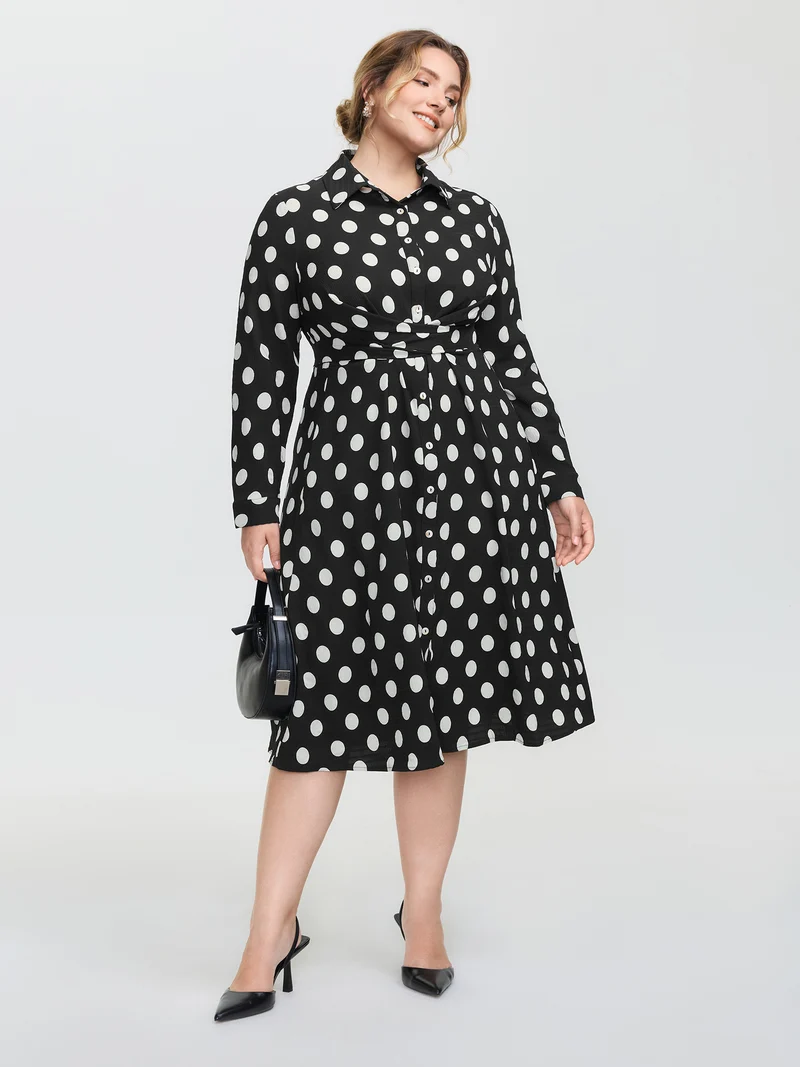 Polka Dots Crossover Pleated Waist Midi Dress