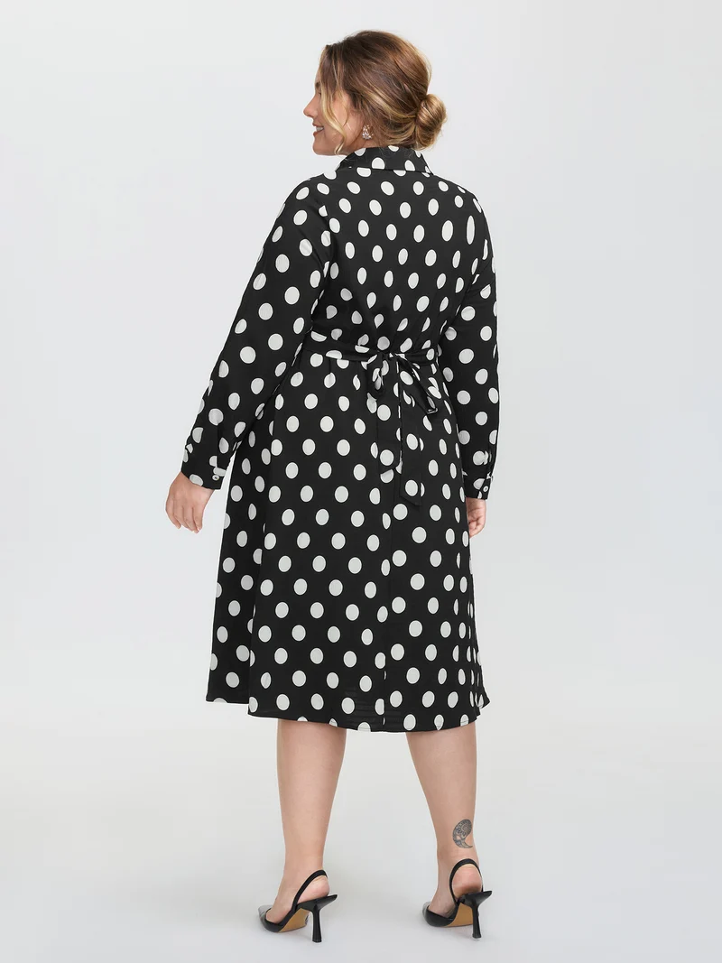 Polka Dots Crossover Pleated Waist Midi Dress