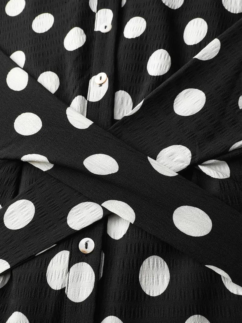 Polka Dots Crossover Pleated Waist Midi Dress