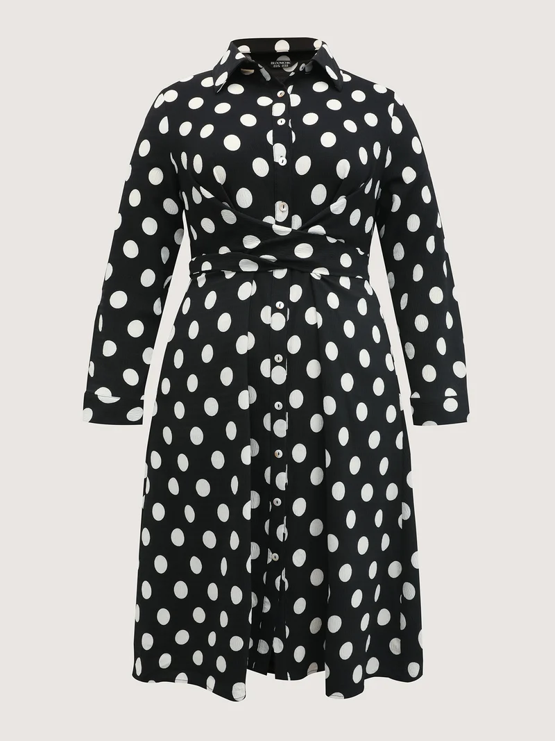 Polka Dots Crossover Pleated Waist Midi Dress