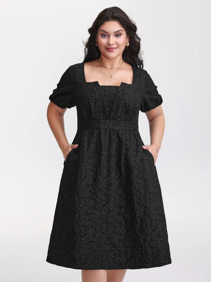 Solid Jacquard Puff Sleeve Midi Dress