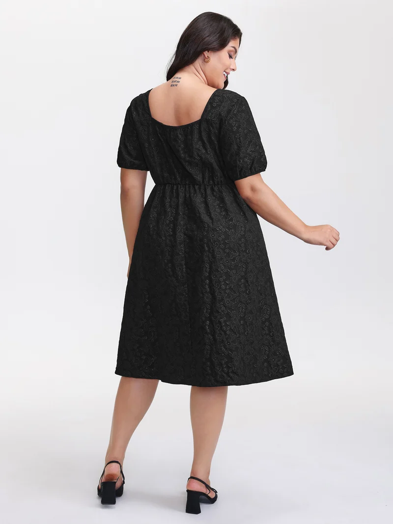 Solid Jacquard Puff Sleeve Midi Dress