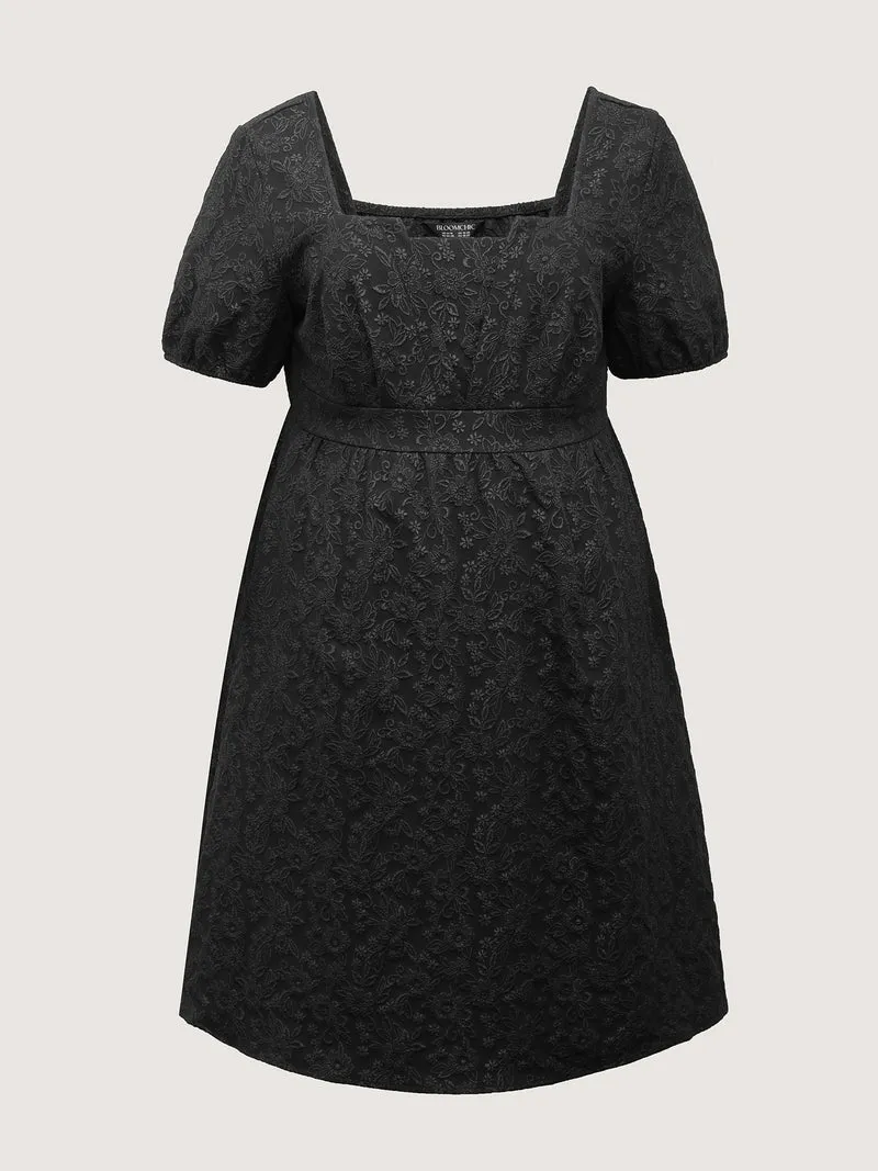 Solid Jacquard Puff Sleeve Midi Dress