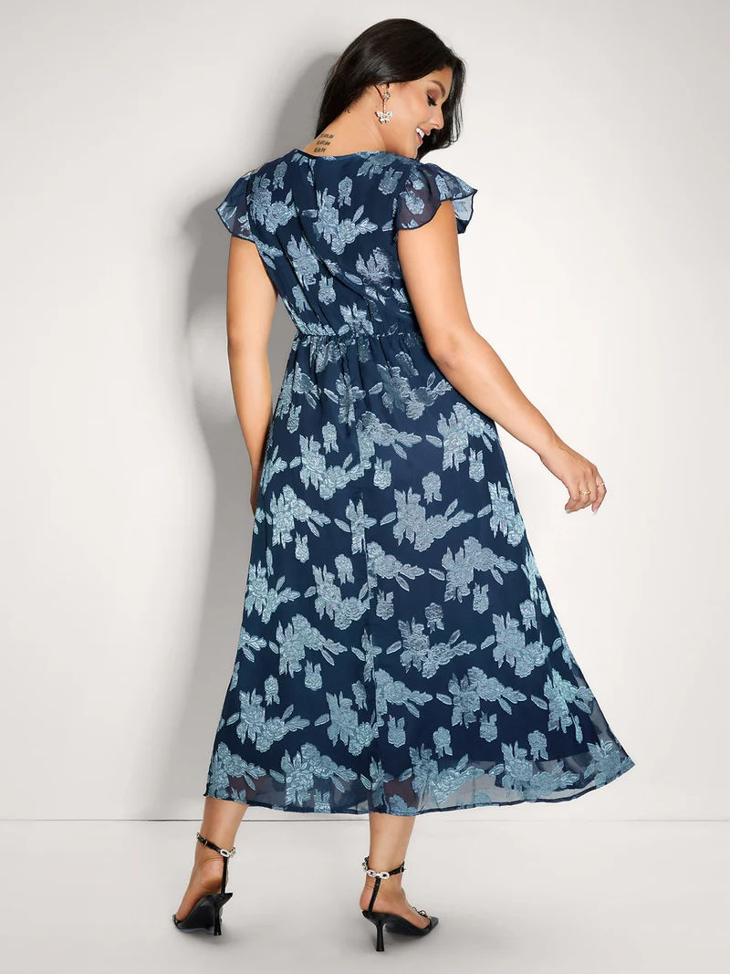Geometrical Jacquard Textured Shirred Maxi Dress