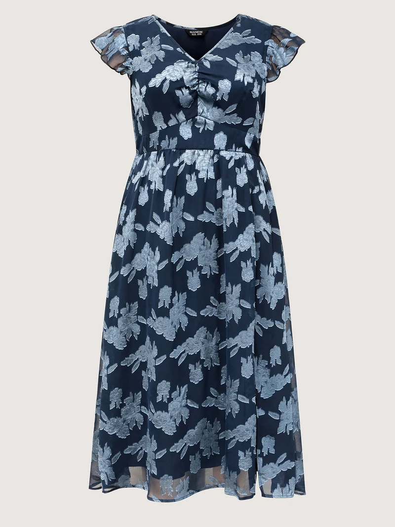 Geometrical Jacquard Textured Shirred Maxi Dress