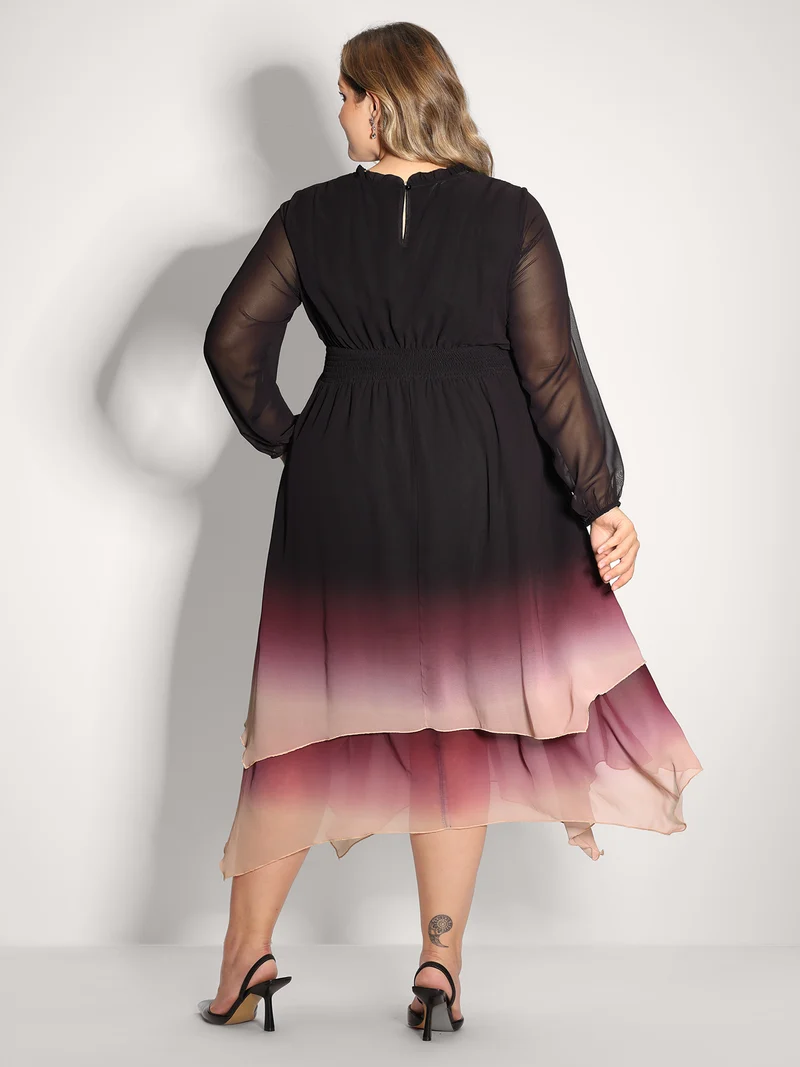 Tie-Dye Sheer Shirred Waist Midi Dress