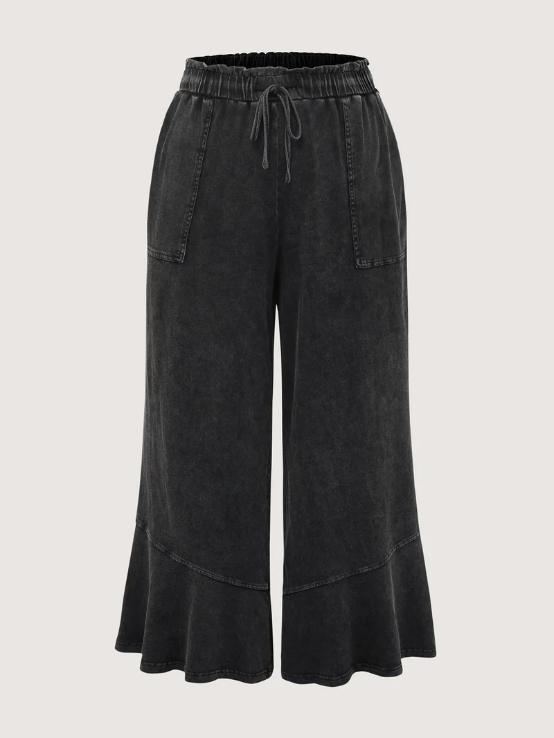 Retro Wash Ruffled Hem Wide-Leg Pants