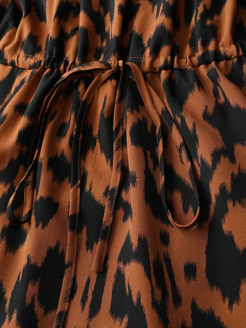 Leopard Print Pockets Lace Maxi Dress