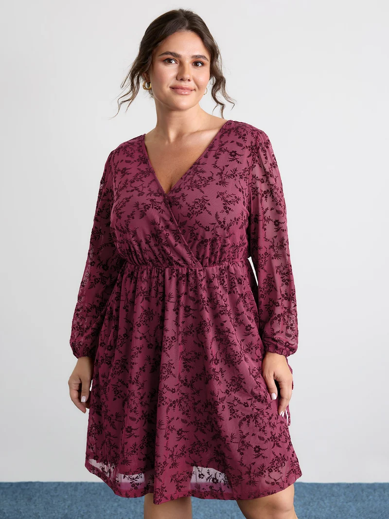 Flocked Wrap Backless Tie Pockets Mini Dress