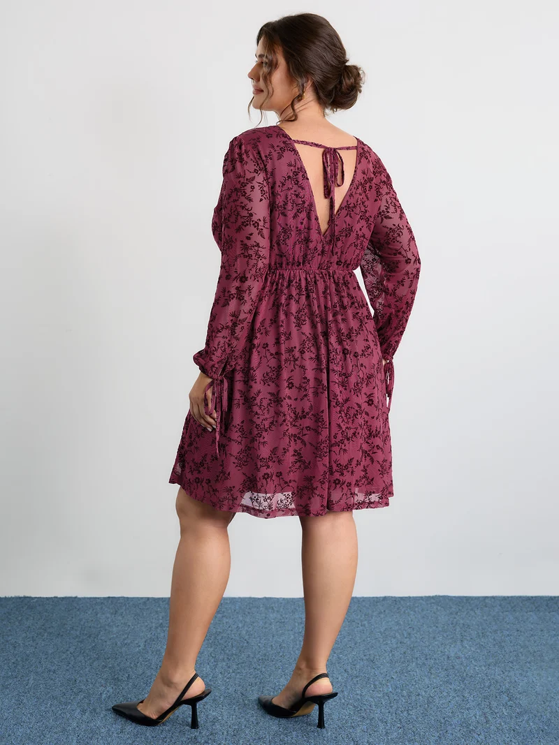 Flocked Wrap Backless Tie Pockets Mini Dress