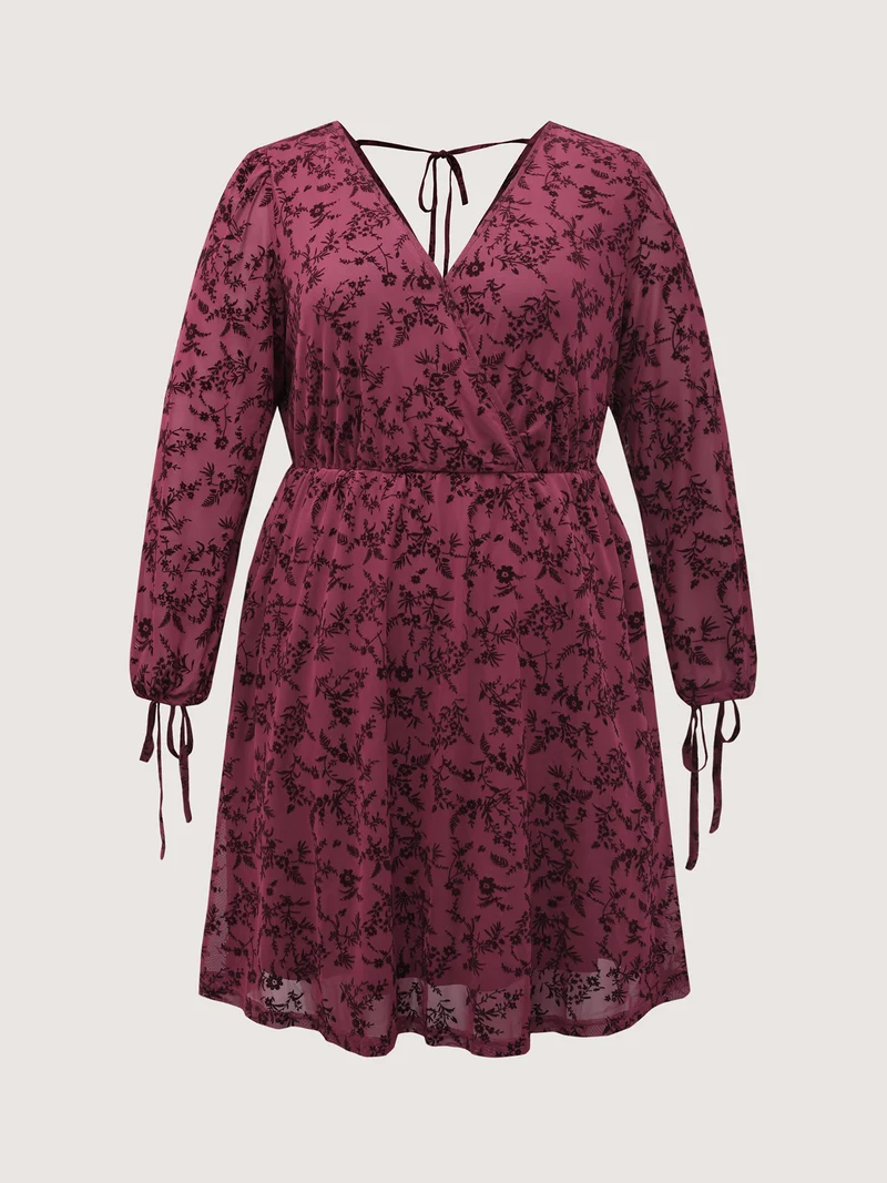 Flocked Wrap Backless Tie Pockets Mini Dress