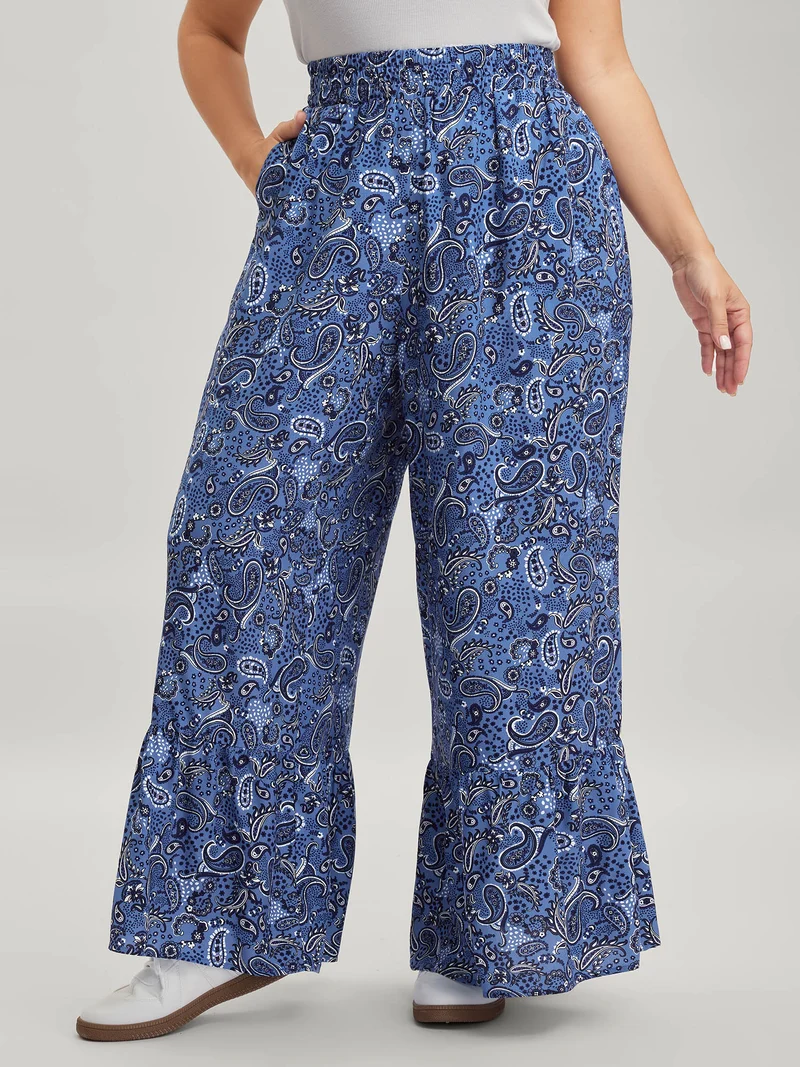 Paisley Print Tiered Hem Wide-Leg Pants