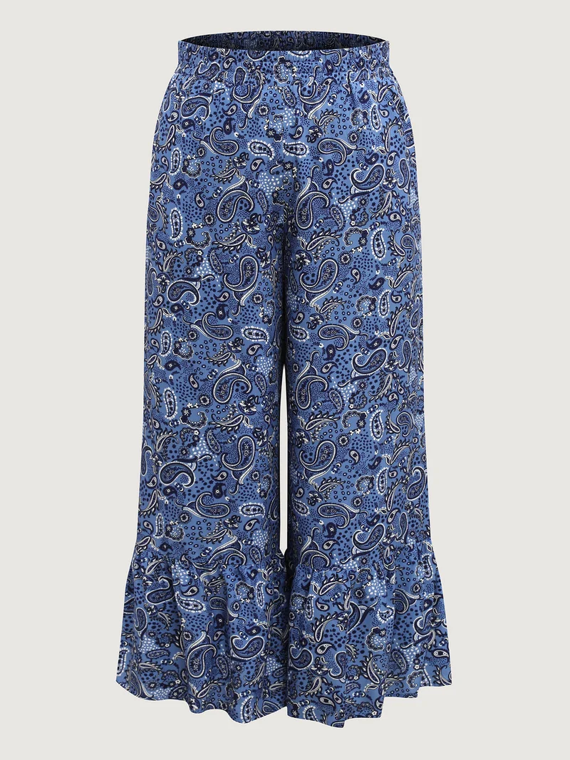 Paisley Print Tiered Hem Wide-Leg Pants