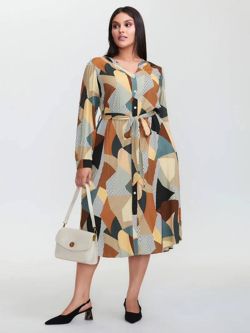 Geometric Print Contrast Tab Sleeve Midi Dress