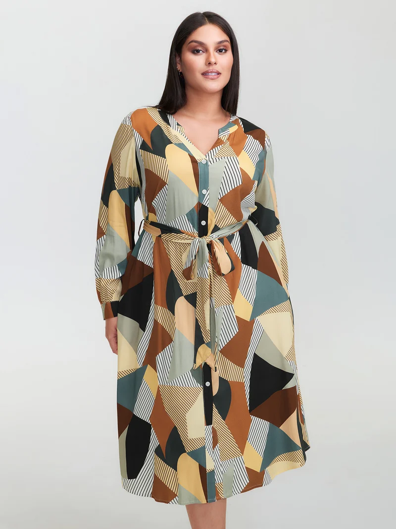 Geometric Print Contrast Tab Sleeve Midi Dress