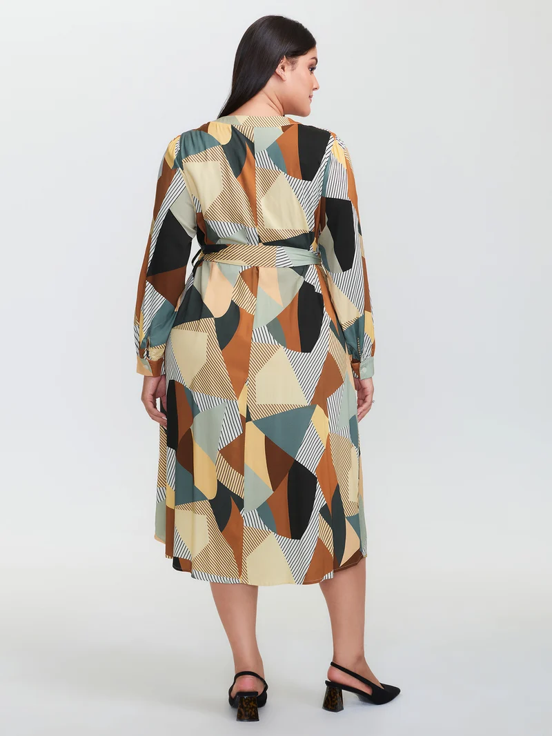 Geometric Print Contrast Tab Sleeve Midi Dress
