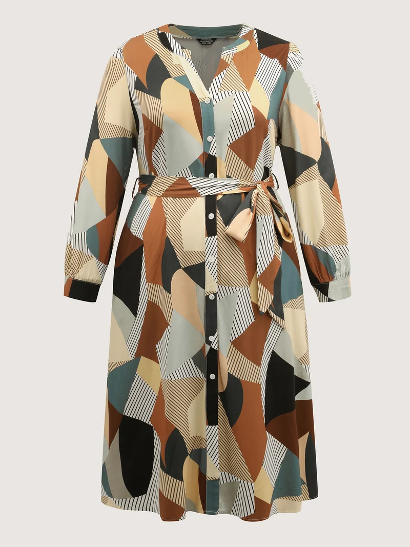 Geometric Print Contrast Tab Sleeve Midi Dress