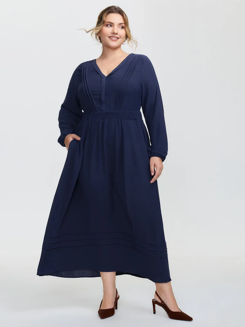 Textured Shirred Waist Pockets Maxi Dress