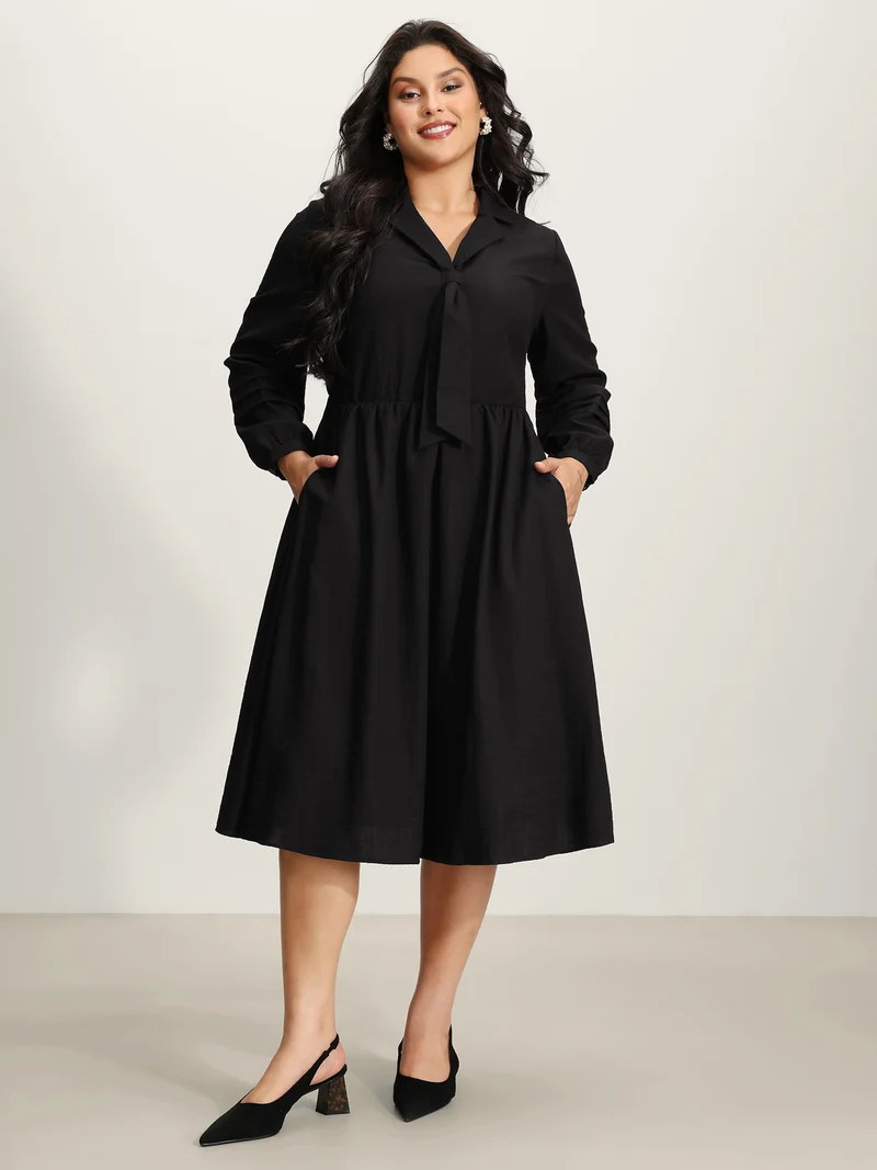 Blazer Collar Pleated Sleeve Rayon Midi Dress