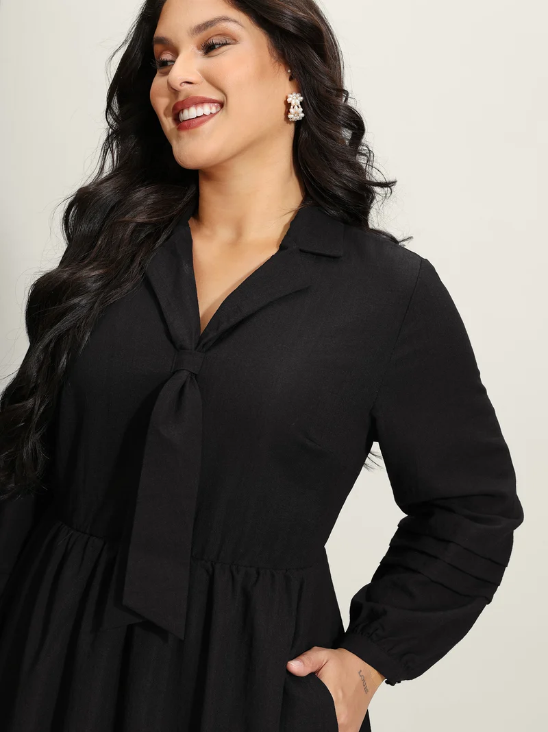 Blazer Collar Pleated Sleeve Rayon Midi Dress