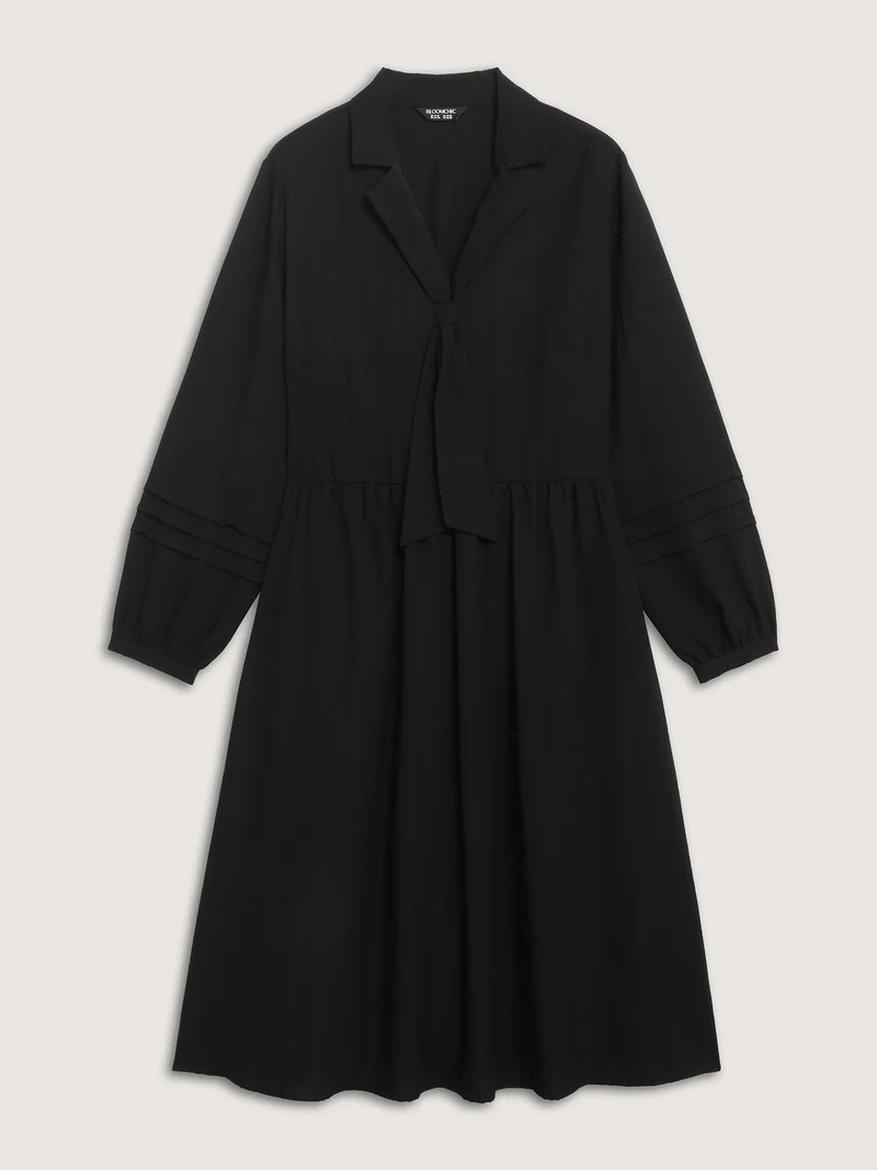 Blazer Collar Pleated Sleeve Rayon Midi Dress