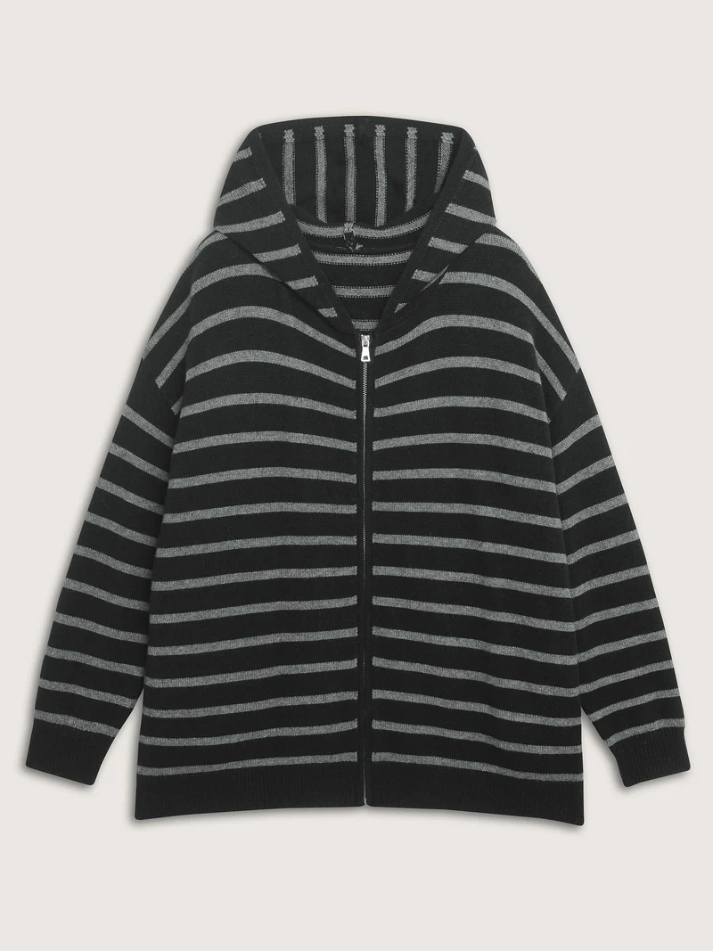 Supersoft Stripe Hooded Zipper Pockets Knit Cardigan