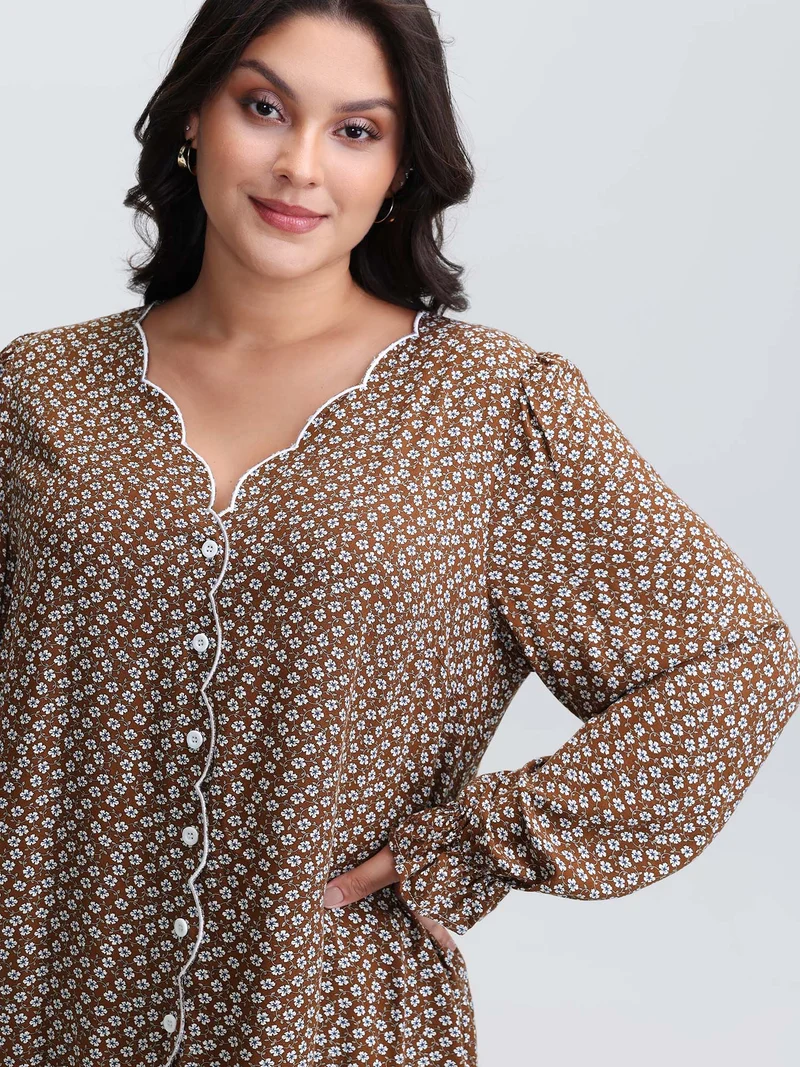 Floral Color Contrast Embroidered Blouse