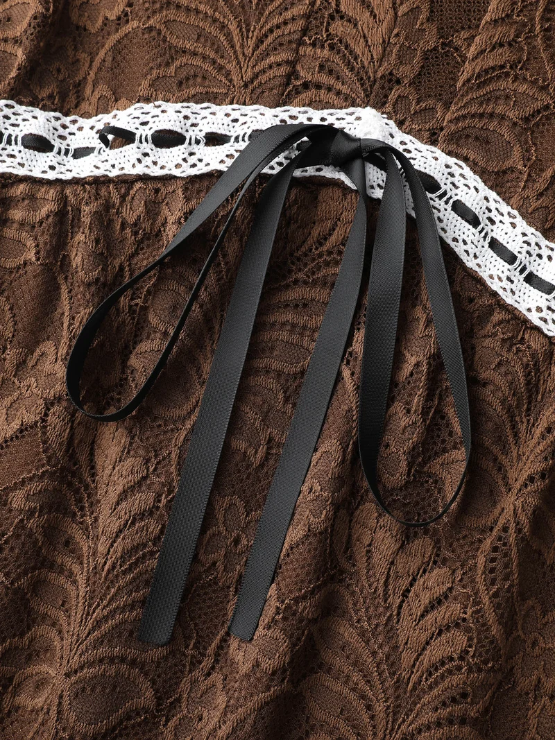 Lace Ruffled Sleeve Waist-Tie Knee-Length Dress
