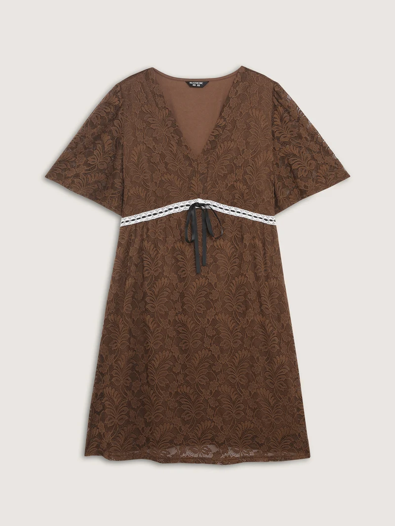 Lace Ruffled Sleeve Waist-Tie Knee-Length Dress