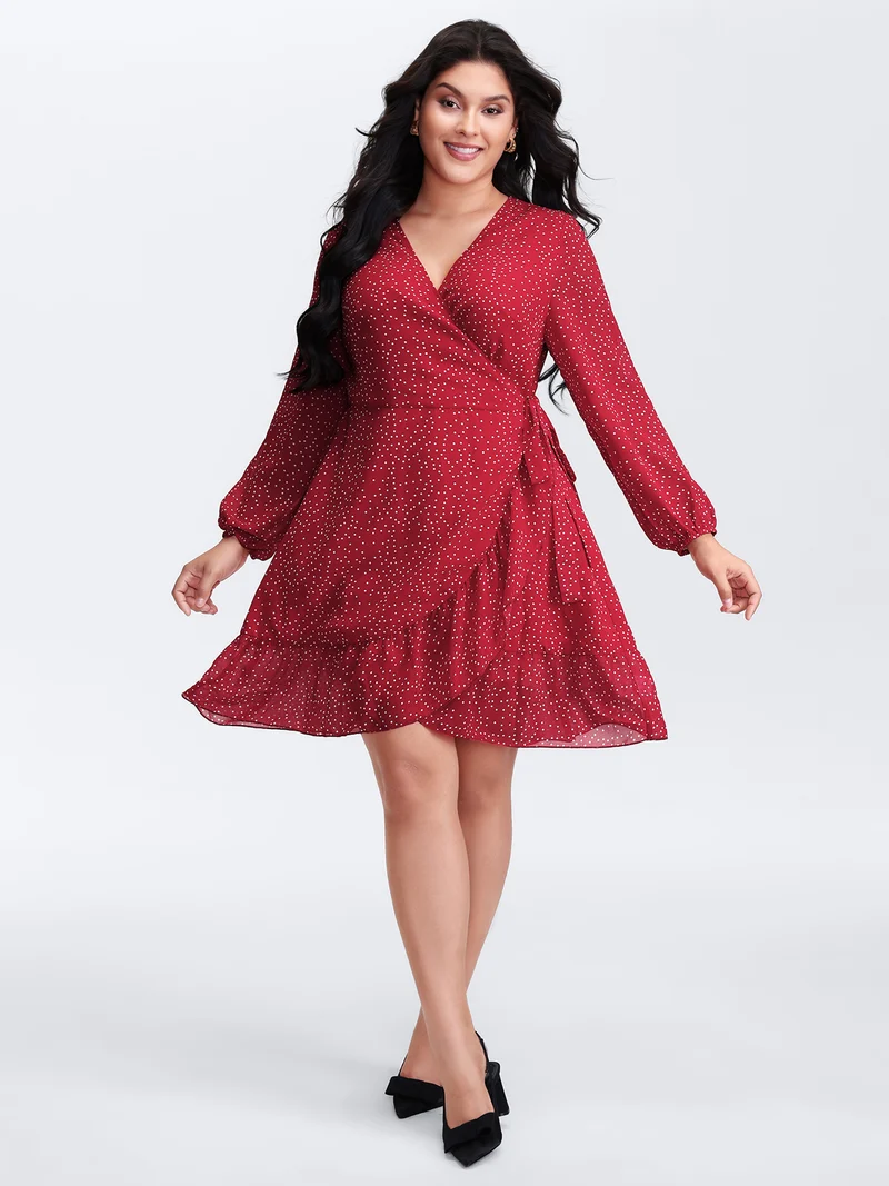 Polka Dot Ruffle Hem Wrap Dress