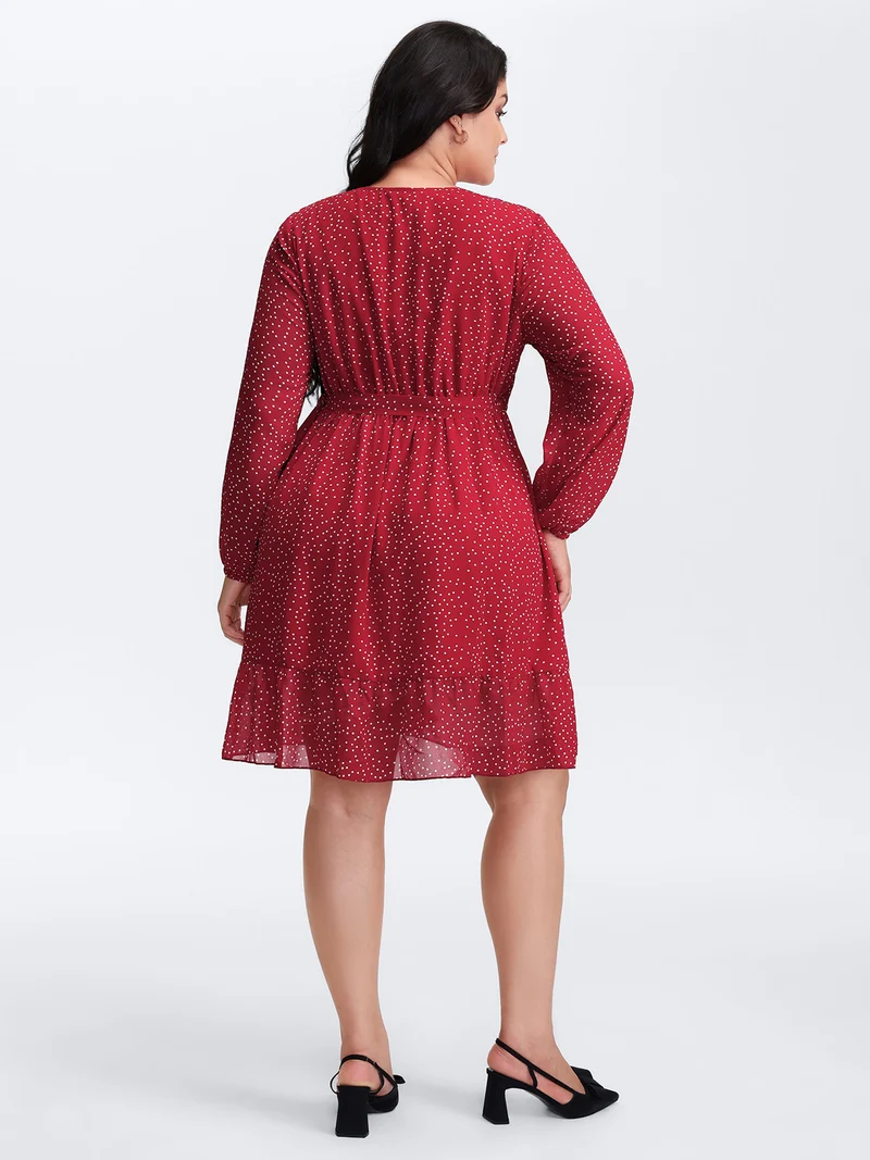 Polka Dot Ruffle Hem Wrap Dress
