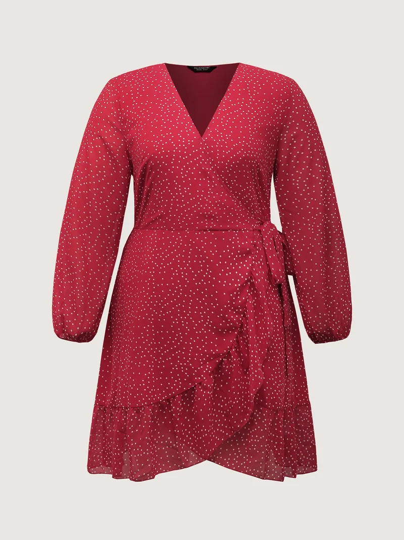 Polka Dot Ruffle Hem Wrap Dress